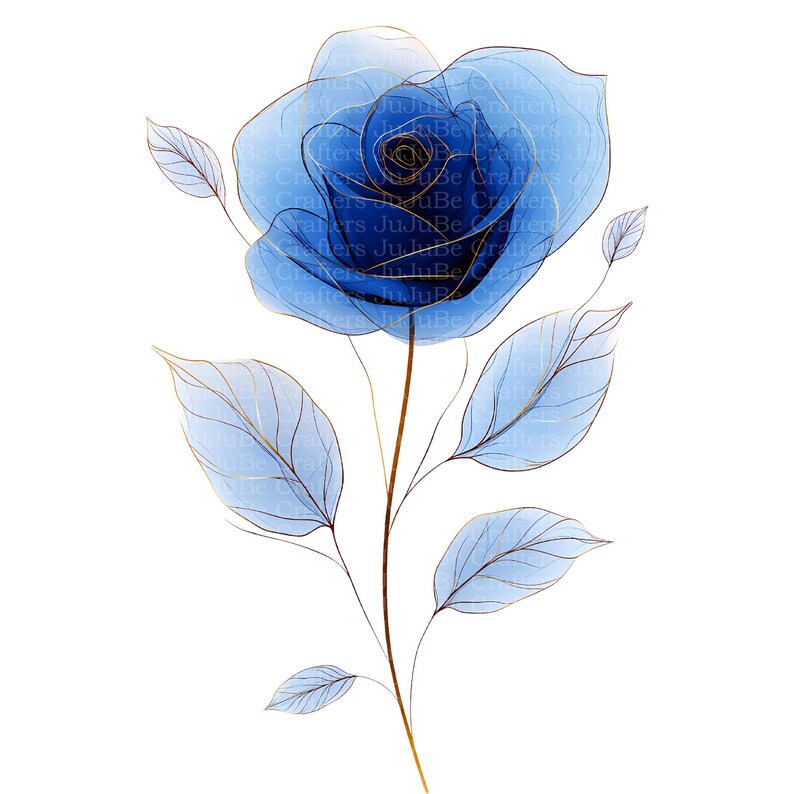 May include: A watercolor illustration of a blue rose with gold outlines. The flower has delicate petals and is set against a white background. The stem and leaves are also blue with gold detailing. The image has a soft, ethereal quality.
