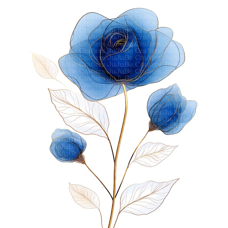 May include: A watercolor illustration of a blue rose with gold accents. The flower has delicate, translucent petals and is accompanied by gold-veined leaves and stems. The image is set against a white background.