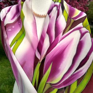Hand-Painted Silk Scarf with Tulips – Purple Floral Batik on 100% Natural Silk