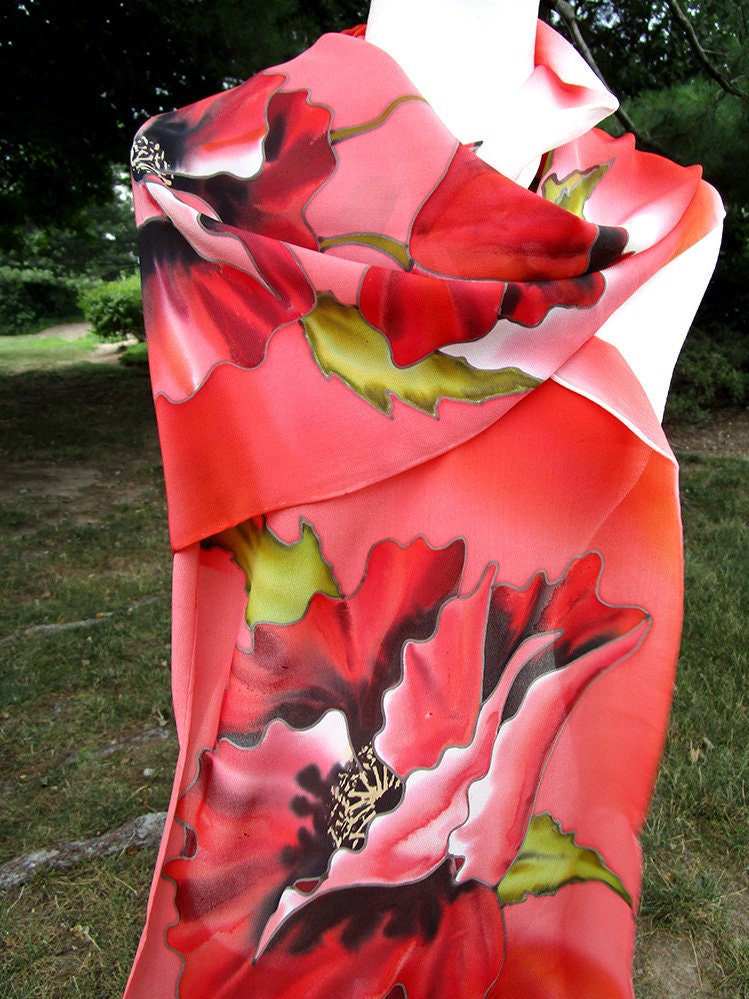 Poppies Silk Scarf, Silk Scarf, Hand Painted Silk Scarf, Poppies Scarf ...