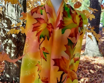 Hand-Painted Silk Scarf – Autumn Leaves Batik, Wearable Art