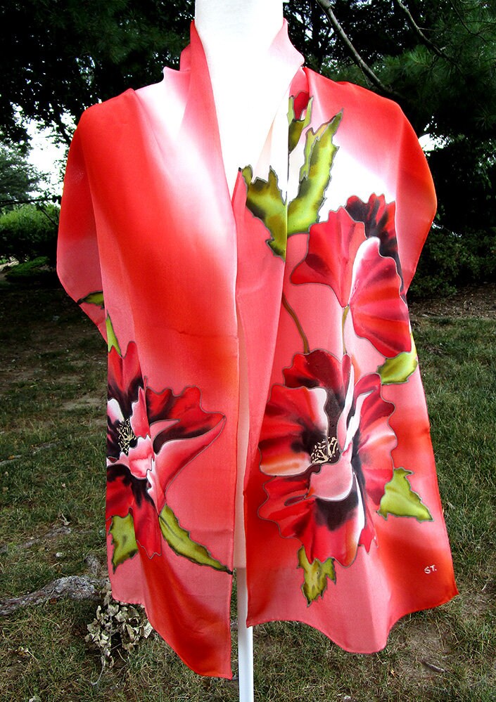 Poppies Silk Scarf, Silk Scarf, Hand Painted Silk Scarf, Poppies Scarf ...