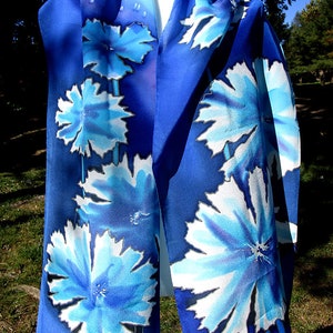 Silk Scarf, Hand Painted Silk Scarf, Flowers Scarf, Blue Scarf, Gift for her - Flowers
