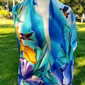 Silk Scarf, Hand Painted Silk Scarf, Irises Scarf, Blue Scarf, Gift for her - Irises