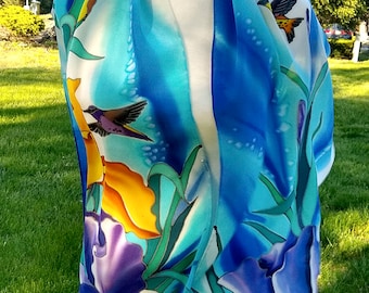 Hand-Painted Silk Scarf, Irises and Hummingbirds, Batik Art