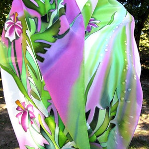 Silk Scarf, Hand Painted Silk Scarf, Flowers Scarf, Green Scarf, Gift for her - Flowers