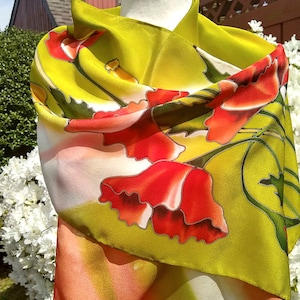 Silk Scarf, Hand Painted Silk Scarf, Poppies Scarf, Poppy Scarf, Gift for her - Poppies