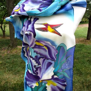 Silk Scarf, Hand Painted Silk Scarf, Irises Scarf, Blue Scarf, Gift for her - Irises