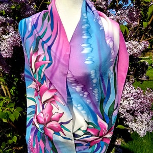 Silk Scarf, Hand Painted Silk Scarf, Lilies Scarf, Purple Scarf, Gift for her - Lilies
