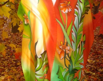 Hand Painted Silk Scarf – Botanical Cold Batik Floral Art Shawl