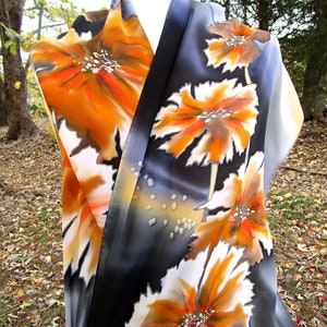 Flower Silk Scarf, Scarf, Silk Scarf, Hand Painted Silk Scarf, Flowers Scarf, Black Scarf, Gift for her - Flowers