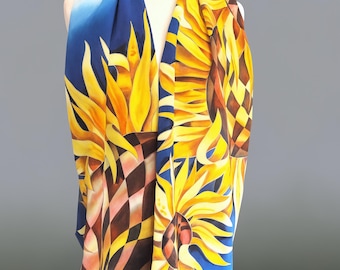Hand-Painted Sunflower Silk Scarf, Batik Art