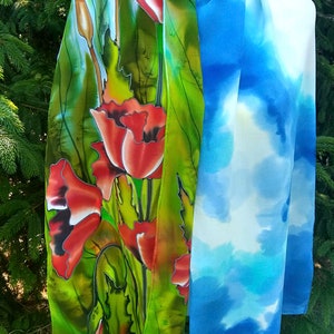Silk Scarf, Hand Painted Silk Scarf, Poppies Scarf, Poppy Scarf, Gift for her - Poppies