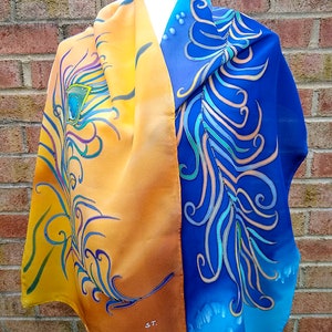 Silk Scarf, Hand Painted Silk Scarf, Beige Scarf, Blue Scarf, Gift for her