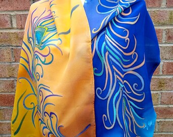 Hand-Painted Peacock Feather Silk Scarf, Batik Art