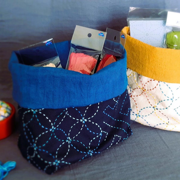 DIY Sashiko KIT Fabric Basket Japanese Embroidery needle work scrap fabric/ project box