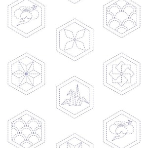 Pu&ograve; includere: Uno schema senza cuciture di 10 diversi disegni geometrici in forma esagonale. I disegni sono delineati con una linea tratteggiata e sono in tonalit&agrave; di blu.