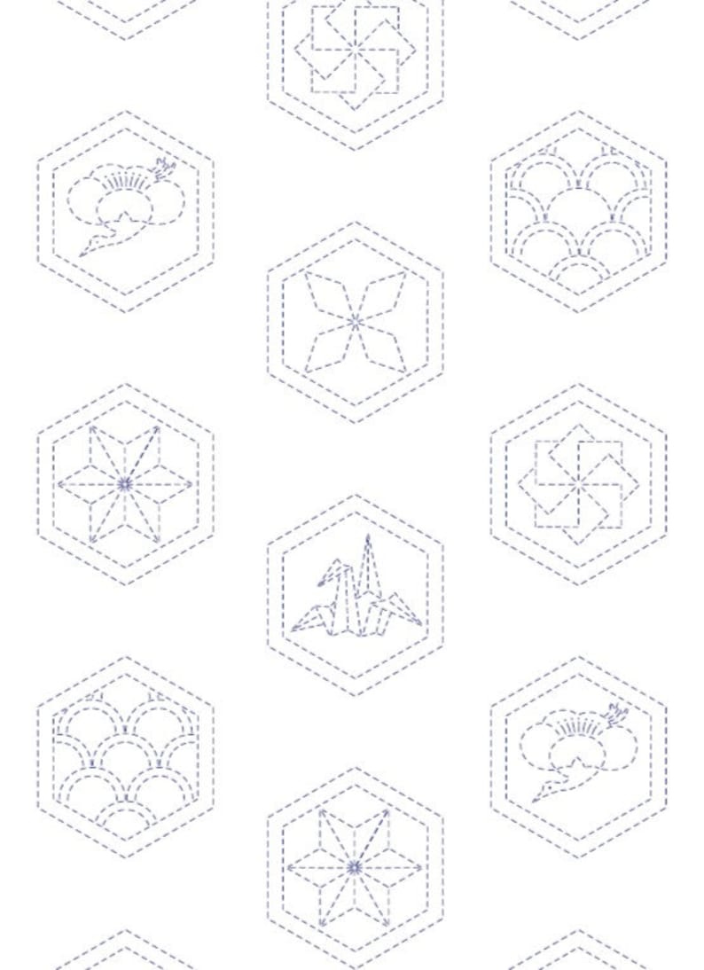 Pu&ograve; includere: Uno schema senza cuciture di 10 diversi disegni geometrici in forma esagonale. I disegni sono delineati con una linea tratteggiata e sono in tonalit&agrave; di blu.