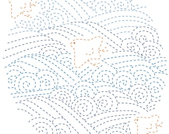 PDF Sashiko &quot;Surfing birds&quot; 3mm stitch Data for A4 Instant download digital printable