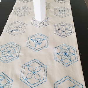 Pu&ograve; includere: Un runner da tavolo bianco con disegni esagonali ricamati in blu. Il runner &egrave; decorato con una variet&agrave; di motivi geometrici, tra cui fiori, stelle e altre forme astratte.