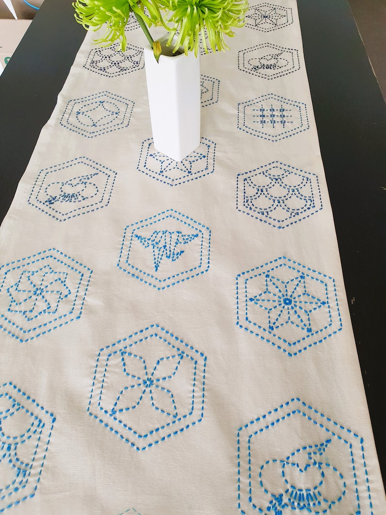 Pu&ograve; includere: Un runner da tavolo bianco con disegni esagonali ricamati in blu. Il runner &egrave; decorato con una variet&agrave; di motivi geometrici, tra cui fiori, stelle e altre forme astratte.