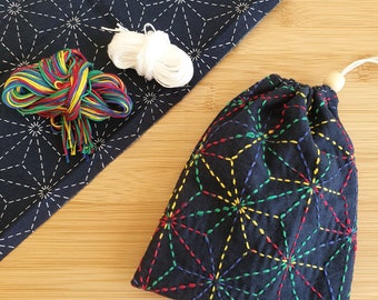 DIY Sashiko KIT Drawstring bag kit traditional patterns with English instruction sheet
