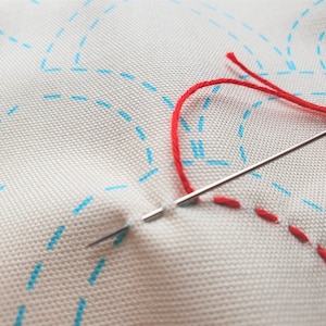 Pu&ograve; includere: Primo piano di un ago e un filo utilizzati per cucire un tessuto bianco con linee tratteggiate blu. Il filo &egrave; rosso.