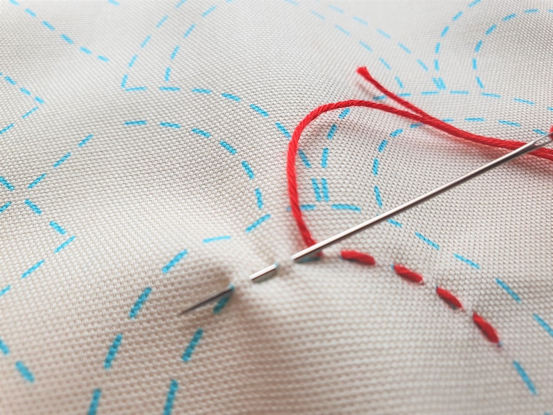Pu&ograve; includere: Primo piano di un ago e un filo utilizzati per cucire un tessuto bianco con linee tratteggiate blu. Il filo &egrave; rosso.
