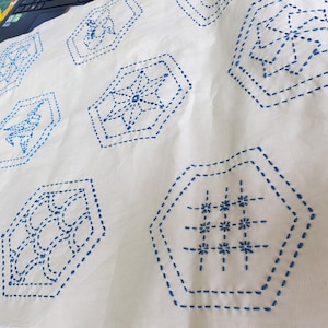 Pu&ograve; includere: Tessuto bianco con cuciture blu in motivi geometrici. I motivi sono esagonali e includono una stella, una griglia e un cerchio.