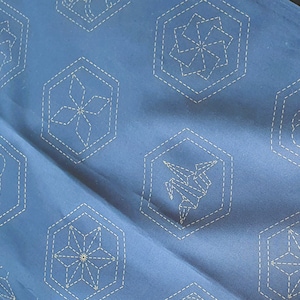 Pu&ograve; includere: Un tessuto blu con cuciture bianche in motivi geometrici. I motivi sono a forma di stelle e altre forme geometriche.