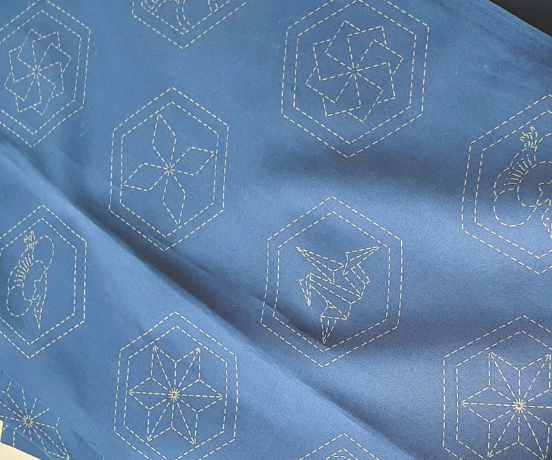 Pu&ograve; includere: Un tessuto blu con cuciture bianche in motivi geometrici. I motivi sono a forma di stelle e altre forme geometriche.