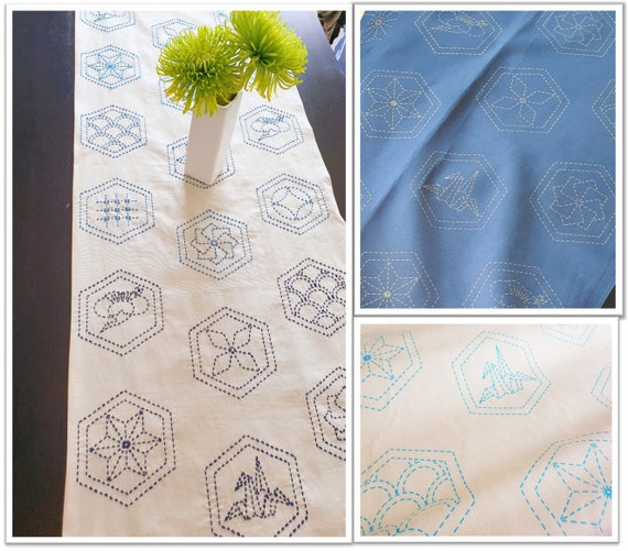 Price down! Sashiko table runner fabric Cream traditional hexagon patterns Pre-printed cotton  Olympus
