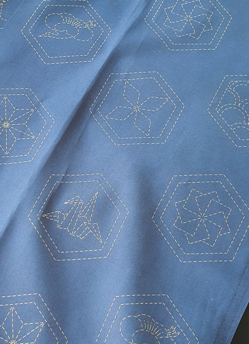Pu&ograve; includere: Un tessuto blu con cuciture bianche in motivi geometrici. I motivi sono esagonali e includono una stella, un fiore, un uccello e un vortice.