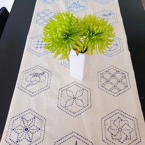 Pu&ograve; includere: Un runner da tavolo bianco con disegni geometrici ricamati in blu. Fiori verdi in un vaso bianco sono centrati sul runner.
