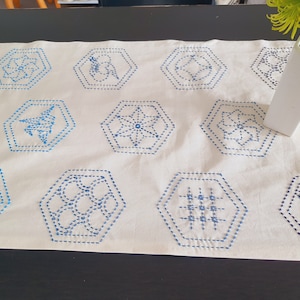 Pu&ograve; includere: Un runner da tavolo in tessuto bianco con disegni esagonali ricamati in blu. I disegni includono forme geometriche, fiori e motivi astratti.