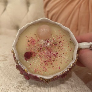 Pink Moon Springtime Beeswax Candle in 1930s Teacup