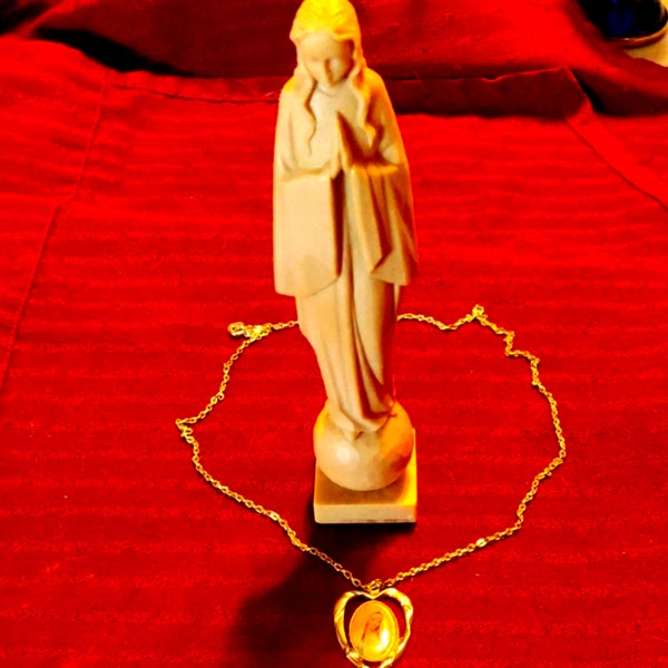 Celluloid Mary vintage religious lot~silver Mary heart necklace~Mary statue