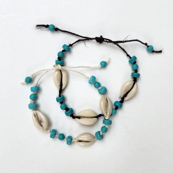 Adjustable Hemp Cord, Shell & Howlite Stone Anklet | Boho Surf Shell Anklet | Turquoise Heishi Bead, Shell Adjustable Anklet