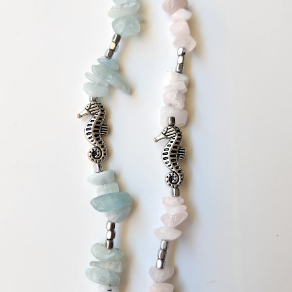 Seahorse Aquamarine or Rose Quartz Anklet | Seahorse Aqua Green or Pink Anklet | Boho Gemstone Seahorse Anklet