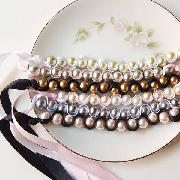 Ribbon & Glass Pearl Vintage Style Bracelet | Satin Ribbon Stretch Bracelet