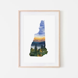 New Hampshire Art Print, NH State, New Hampshire Painting, Mountains Art Print, Watercolor Art Print, Nature Painting, Shape of NH