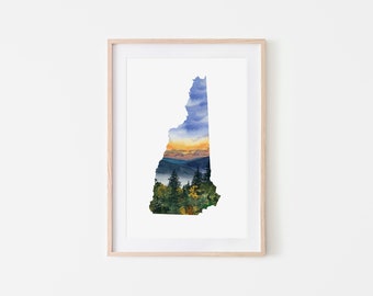 New Hampshire Watercolor Art Print: NH Mountains Landscape