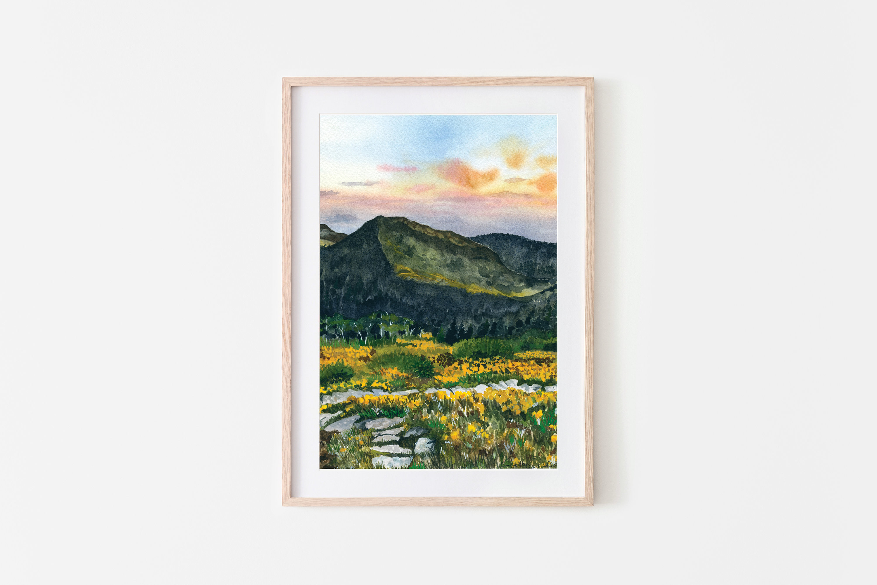 Sunset Mountain Watercolor Art Print: Alaska Wall Decor