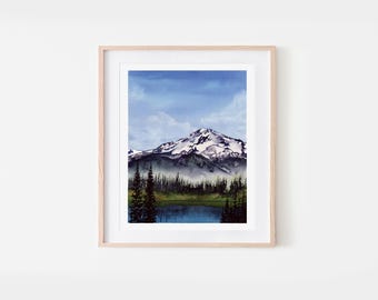 Mt Rainier Watercolor Art Print: Washington Mountain Landscape