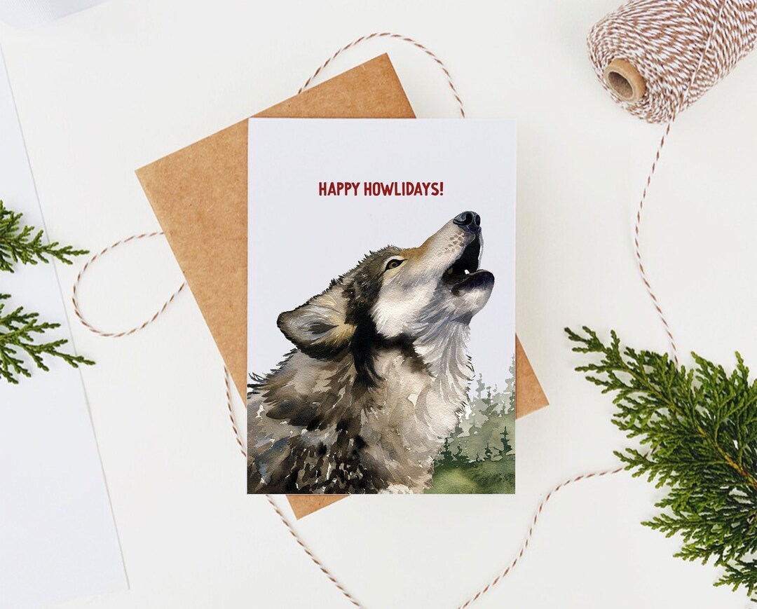 new-a6-christmas-card-punny-holiday-card-wolf-card-gray-wold-painting-happy-howlidays-wolf-puns-alaskan-greeting-card-etsy