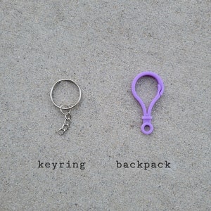 May include: A silver keyring with a chain and a purple plastic backpack clip.