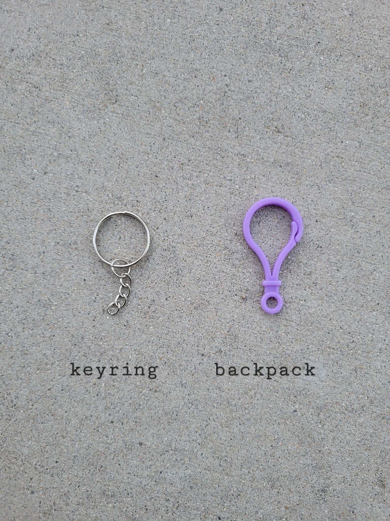 May include: A silver keyring with a chain and a purple plastic backpack clip.
