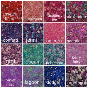 May include: A collage of 16 different glitter colours, each with a unique name. The glitter colours include sweet heart, bubblegum, raspberry ice, alexandrite, confetti, jenni, unicorn, sangria, gigi, ocean, debutante, berry fairy, violet mist, lagoon, dodger, and amethyst.