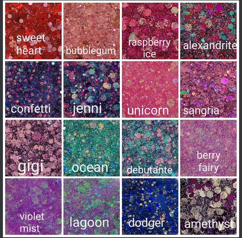 May include: A collage of 16 different glitter colours, each with a unique name. The glitter colours include sweet heart, bubblegum, raspberry ice, alexandrite, confetti, jenni, unicorn, sangria, gigi, ocean, debutante, berry fairy, violet mist, lagoon, dodger, and amethyst.