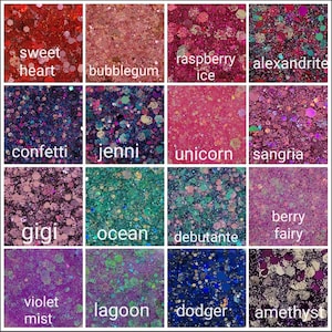 May include: A collage of 16 different glitter colors, each with a unique name. The glitter colors include sweet heart, bubblegum, raspberry ice, alexandrite, confetti, jenni, unicorn, sangria, gigi, ocean, debutante, berry fairy, violet mist, lagoon, dodger, and amethyst.